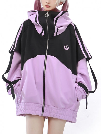 Black and Purple Zip Up Front Jacket Long Sleeves Jirai Kei Sweatershirt