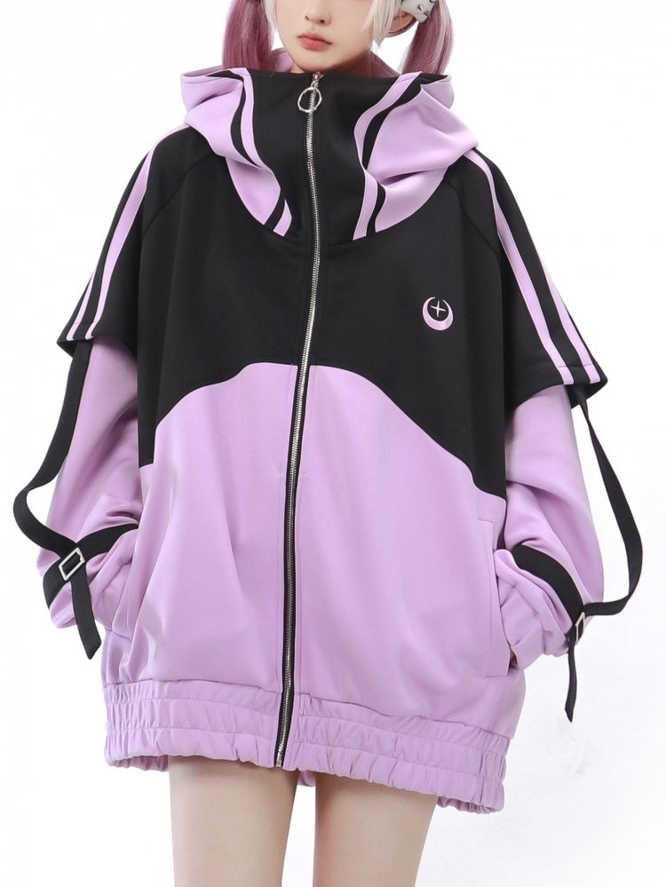 Schwarz-violette Jacke mit Reißverschluss vorne und langen Ärmeln, Jirai Kei-Sweatshirt