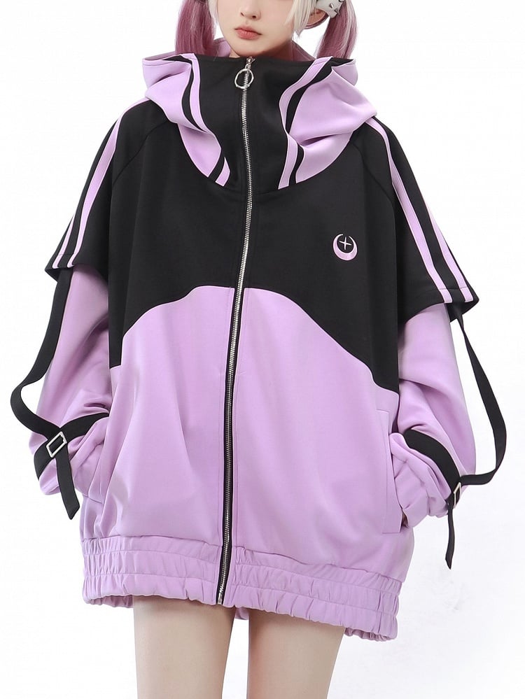 Jirai Black Front and Jacket Zip Purple Up Sleeves Kei Sweatershirt Long