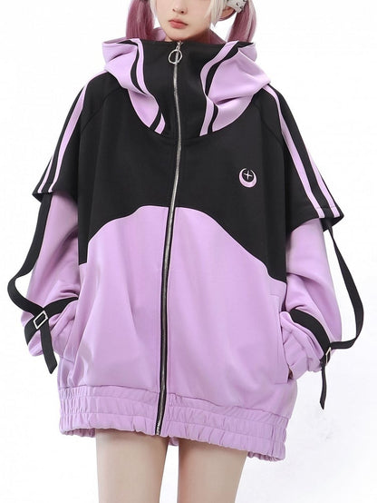 Jirai Black Front and Jacket Zip Purple Up Sleeves Kei Sweatershirt Long