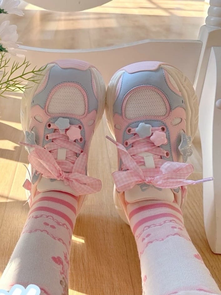Sneakers Lolita Pink Pattern Plaid Sweet - Lace-Up Blue Closure