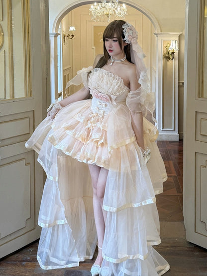 Pink Romantic Lolita Jumper Dress with Train and Sleeves - Diamond Honey