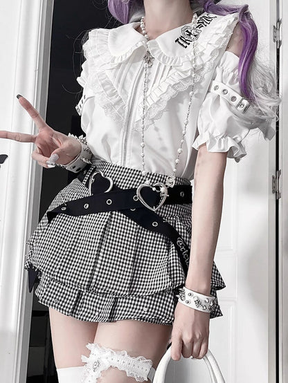 Ruffle Cut-Outs Triangular with White Chest Sleeve Short Gothic Shirt Accents Shoulder Puff