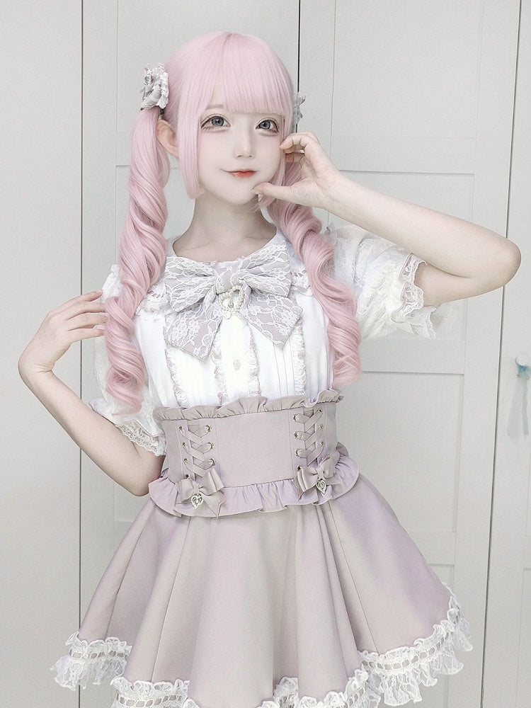 Landmine Pink and White Lace Peter Pan Collar Short Sleeve Blouse with Bow Tie - shirohato