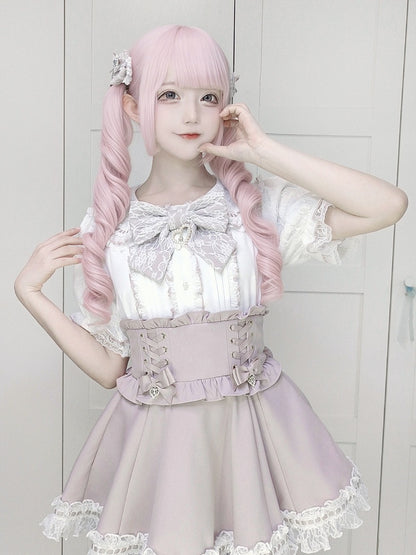Landmine Pink and White Lace Peter Pan Collar Short Sleeve Blouse with Bow Tie - shirohato