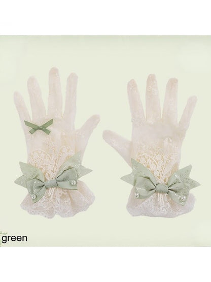 Lace Gloves with Bow Accents in Mint, White, Pink, or Green - Mademoiselle Pearl