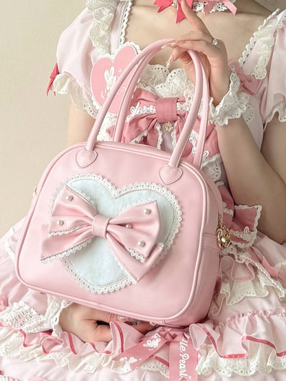Perlenverzierte Schleife Plüschhandtasche Rosa Süßes Lolita-Herz