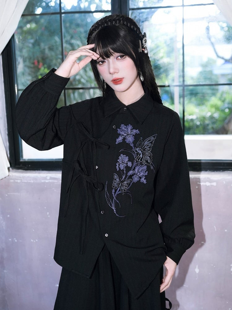 Gothic Long-Sleeve Shirt with Asymmetric Placket & Iris Print in Black Purple - Quirky Hut