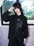 Gothic Long-Sleeve Shirt with Asymmetric Placket & Iris Print in Black Purple - Quirky Hut
