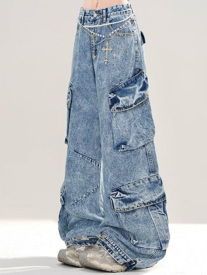Blue Cargo Pockets Wide-leg Cut Jeans