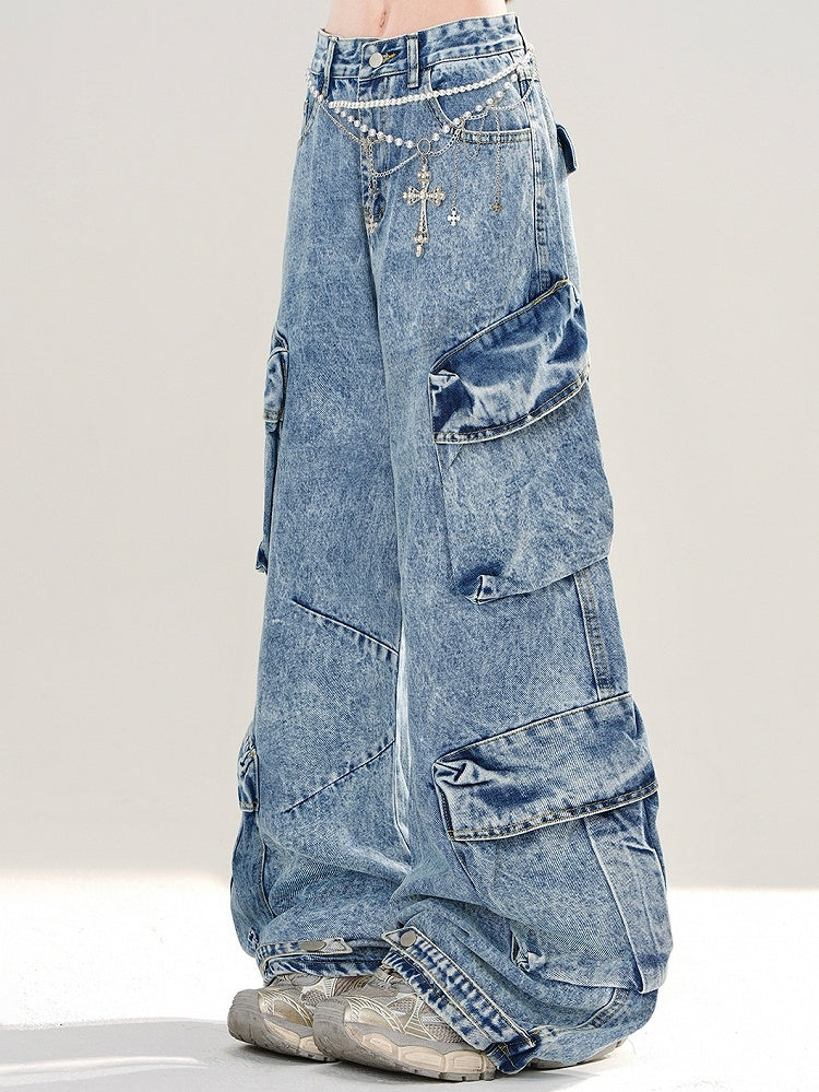 Wide-leg Pockets Cut Blue Cargo Design Jeans