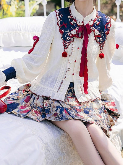 Chinese Style Apple Embroidery Outfit Set with Capelet - Zao Jing Ji