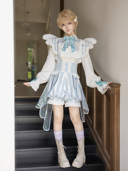 White & Blue Long Sleeves Ouji Style Lolita Shirt + Striped Lolita Suspender Bloomer Shorts with Angel Wing Train Set - Unknown Star