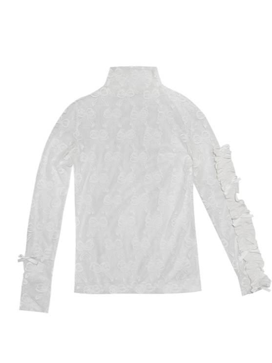 Jacquard Semi-Sheer White Bowknot Long Sleeve Top with Double Edge Ruffle