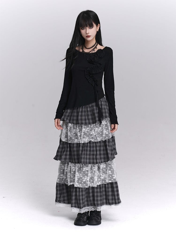 Tiered Skirt Black Layers White Maxi with Low-waist Plaid Lace