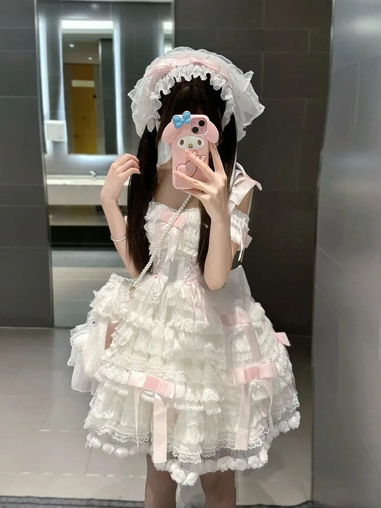 Dress Pink Off-the-shoulder Lolita Sweet Bow White Layered Hime Accents with Lace Ruffles