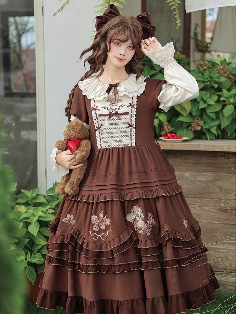 Brown Acorn & Squirrel Embroidered Lolita OP Dress with Peter Pan Collar, Ruffles, Belt, Brooch & Bow Hairclip - With PUJI