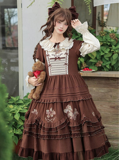 Brown Acorn & Squirrel Embroidered Lolita OP Dress with Peter Pan Collar, Ruffles, Belt, Brooch & Bow Hairclip - With PUJI