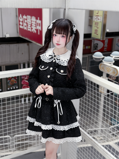 Jirai Jacket with Crop Kei Bow Heart and Accents Tweed Black Buttons