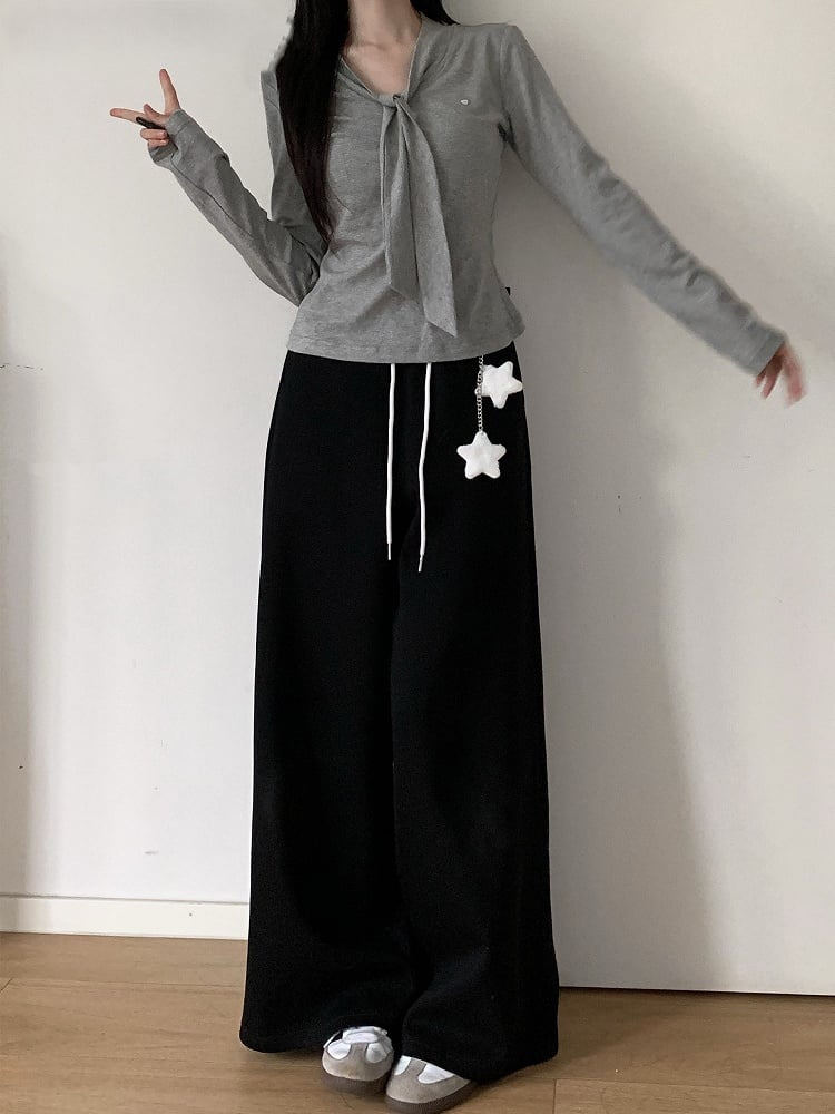 Button Sleeve Black/Gray Top Waist Long Ruched Partial Placket with Star