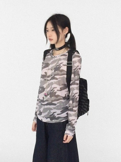 Light Pink Sheer Camouflage Round Neck Long Sleeve T-Shirt - innomoood