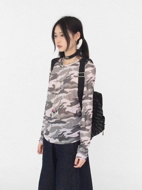 Light Pink Sheer Camouflage Round Neck Long Sleeve T-Shirt - innomoood