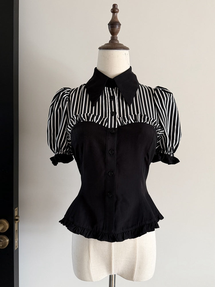 Black Stripes Short Puff Sleeve Gothic Lolita Blouse - Flower Fairy Daily