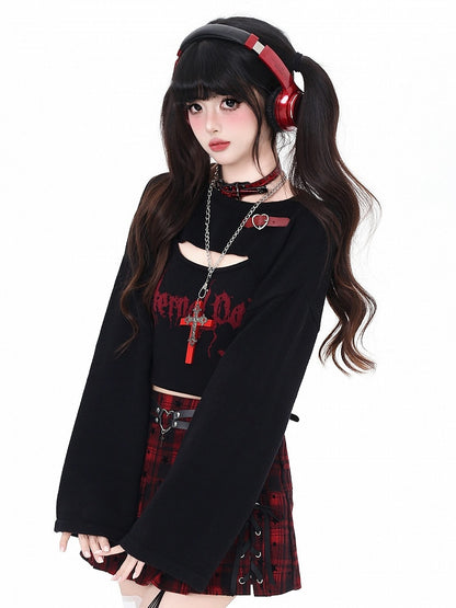 Black/Wine Buckle Bittersweet - Sleeves Long Set Butterfly Top Print Red with Cropped Letter Heart Decor Cami