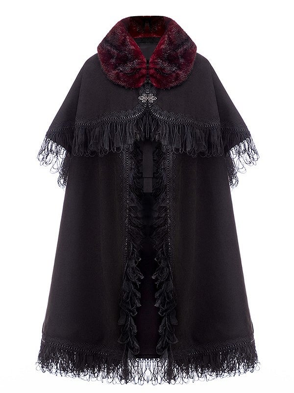 Trim Distress and Red Cape Fur Black Lolita Collar with Gothic Faux