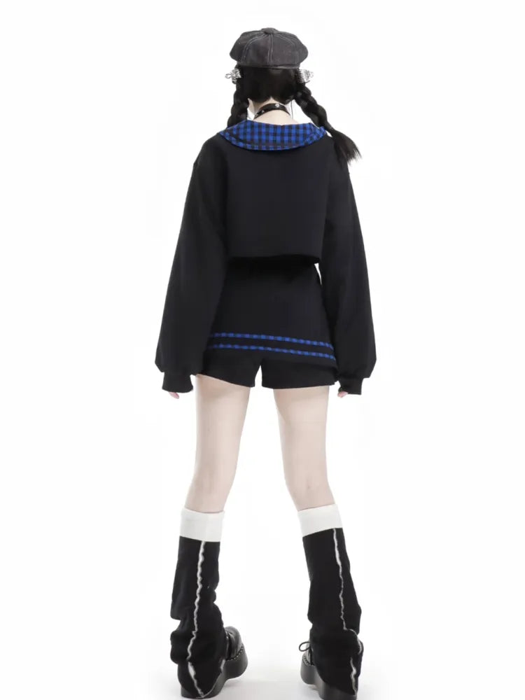 ブルーフリーダークスウェットシャツ、キャミカラートップ、チェック柄クロップド丈、ブラック