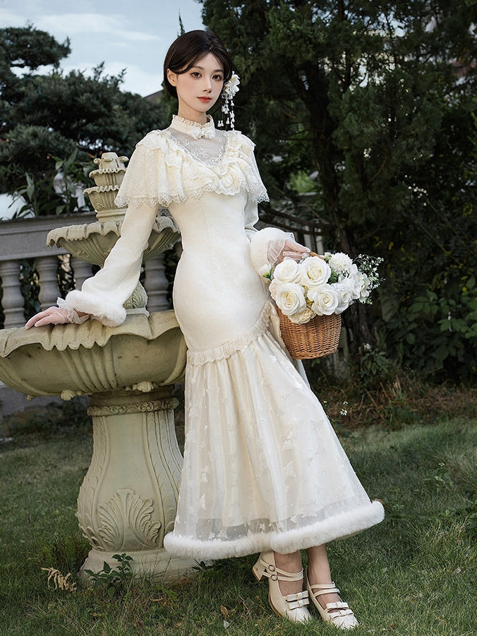Cheongsam Embroidery Edward Camellia and Creamy Neck Dress Style Plush with Cuffs Mermaid Hem