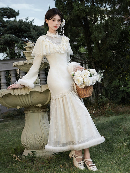 Cheongsam Embroidery Edward Camellia and Creamy Neck Dress Style Plush with Cuffs Mermaid Hem