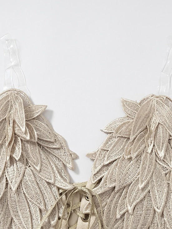 Beige Wing-Embroidered Corset Top with Lace Accents - NO ROMANCE