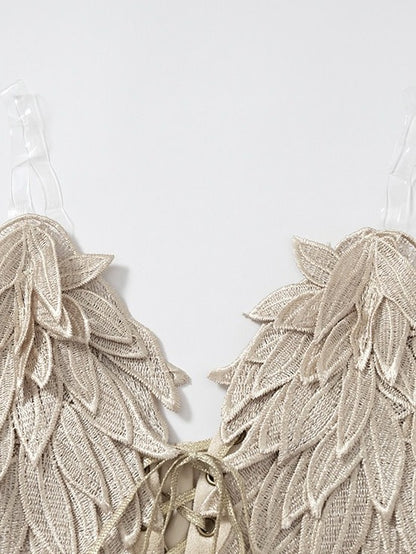 Beige Wing-Embroidered Corset Top with Lace Accents - NO ROMANCE