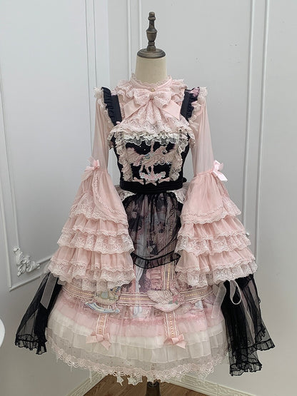 ピンクのロングレイヤードベルスリーブシフォンブラウス