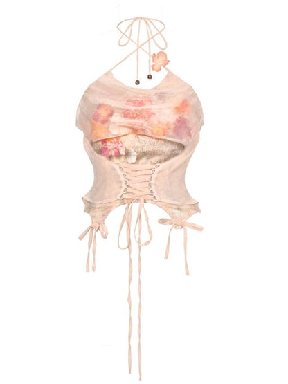 Neckholder-Top mit Blumenmuster und Wasserfallausschnitt zum Selbstbinden