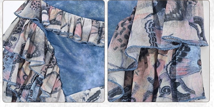 グランジパンクロックフェアリースタイルブルーバタフライティアードフリルアシンメトリーヘムパッチワークスカート