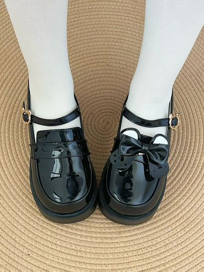 Ear Buckle - Shoes PU JK Heel Detachable Mid Black Bow Polished Academic with Style Bear