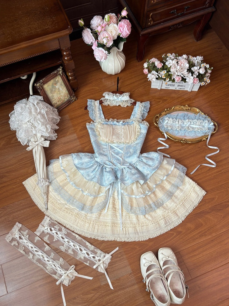 Sweet Blue & Beige Lace-Up Lolita JSK Dress with Lace Trim - Flying ear rabbit