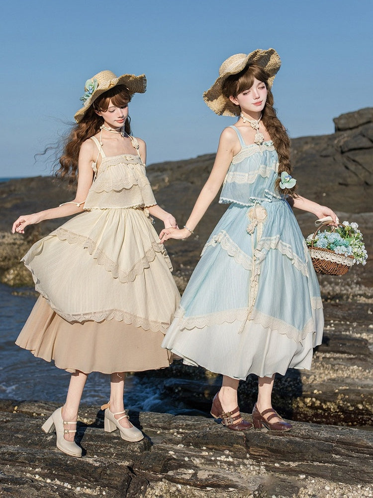 Blue Summer Set: Sleeveless Top, Skirt, Brooch & Hat - With PUJI