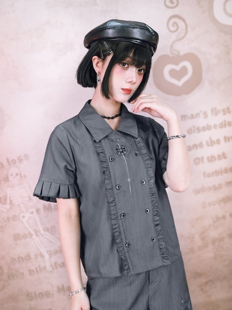 Gray Double-Breasted Short Sleeve Top with Embroidery & Ruffles - Quirky Hut
