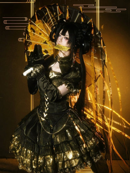 Shimmering Black Gold Chinoiserie Lolita OP with Chinese Embroidery Flounce Hem - YING YUE