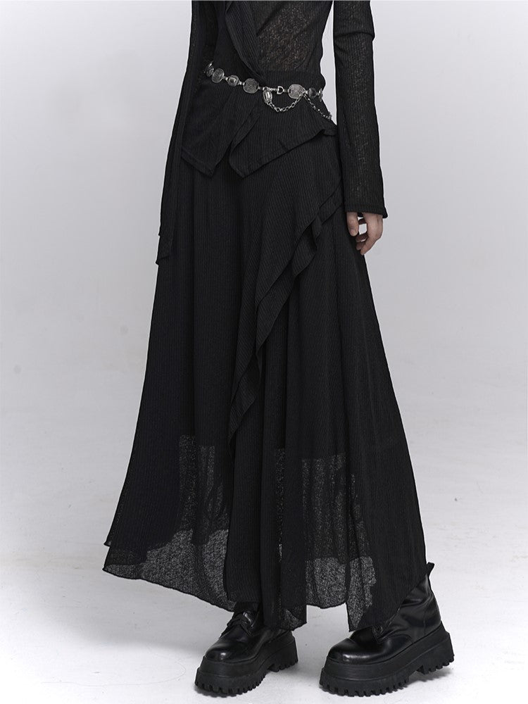 Gothic Black Maxi Skirt with Asymmetrical Draping and Elastic Waist - Lady Ghost