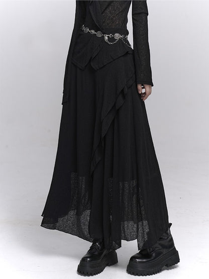 Gothic Black Maxi Skirt with Asymmetrical Draping and Elastic Waist - Lady Ghost