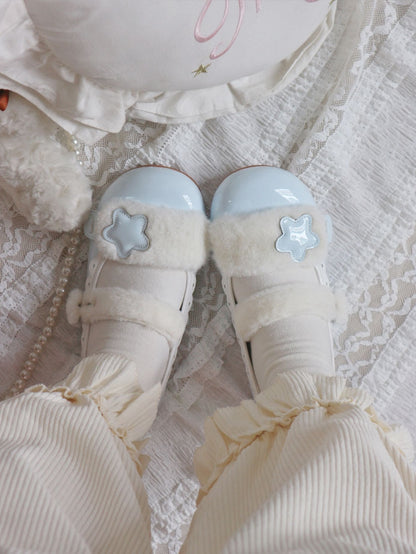Polished Toe Detail Button Star Blue Snap Flats PU Lolita with Design Round
