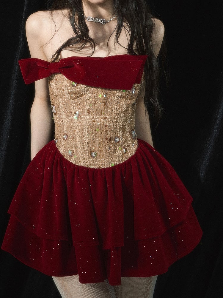 Weinrotes, strassverziertes Tweed-Patchwork-Mieder mit Stufenrock und trägerlosem Kleid