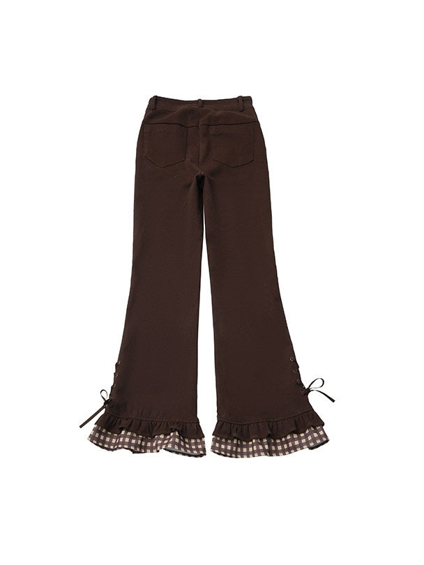Silhouette Design Brown Details Bear - Pants Hem Lace-Up Flare Motif Tiered with