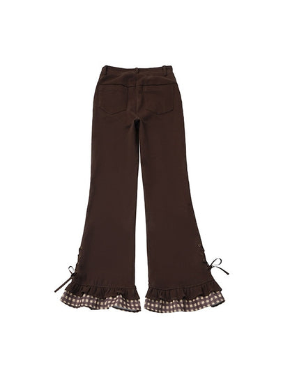 Silhouette Design Brown Details Bear - Pants Hem Lace-Up Flare Motif Tiered with