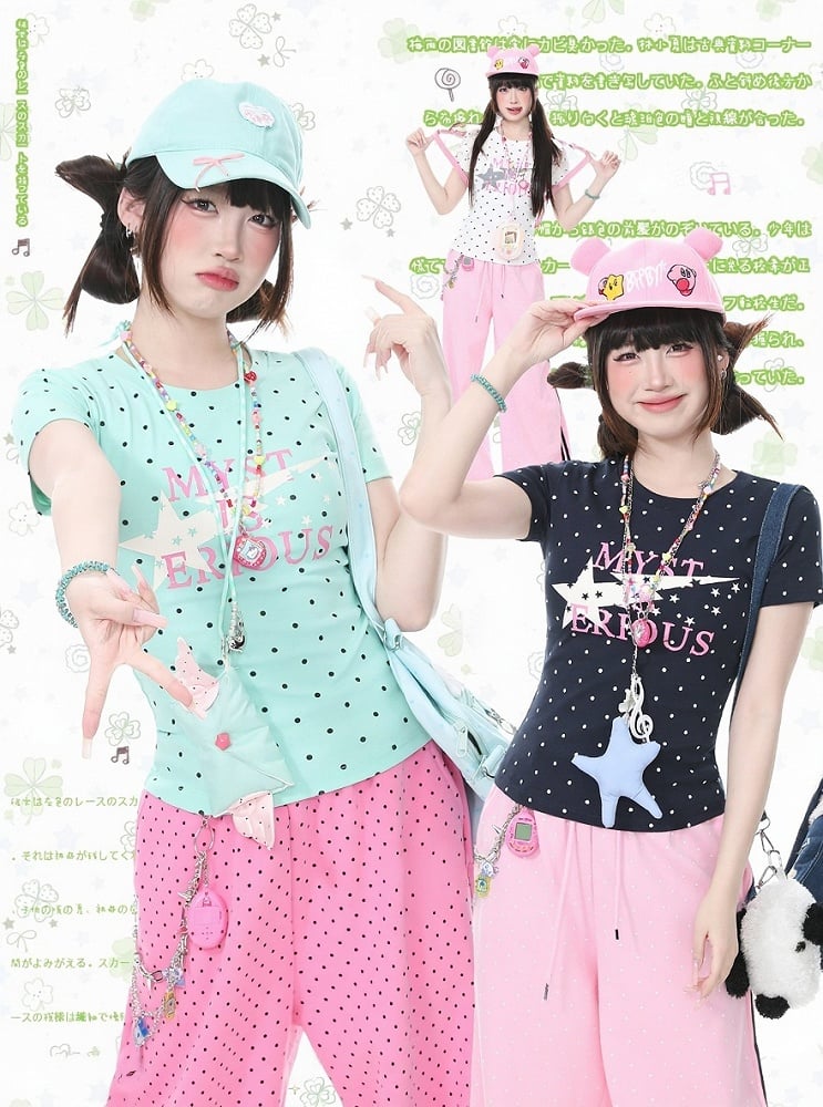 Light Green Fitted Tee with Polka Dot & Letter Print - Languid Park