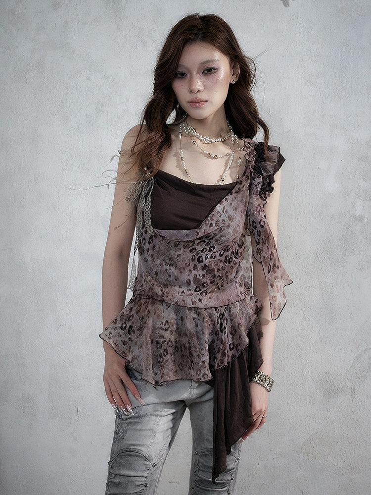 Brown Leopard Cowl-Neck Asymmetric Faux Two-Piece Dress - NO ROMANCE